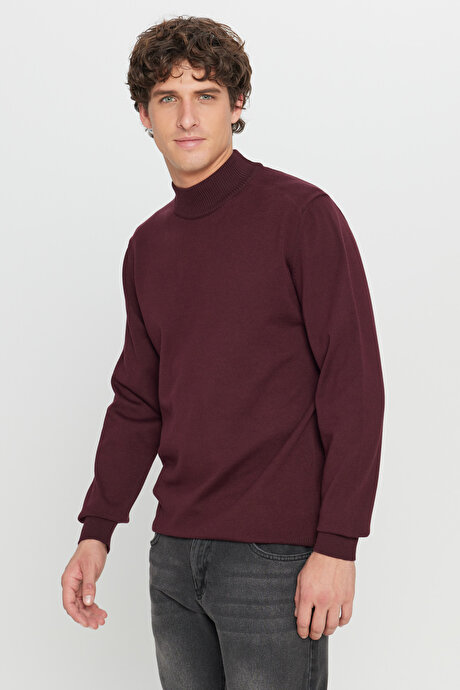 Pamuklu Standart Fit Normal Kesim Yarım Balıkçı Yaka Triko Bordo Kazak resmi