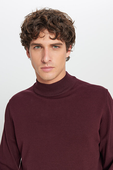 Pamuklu Standart Fit Normal Kesim Yarım Balıkçı Yaka Triko Bordo Kazak resmi