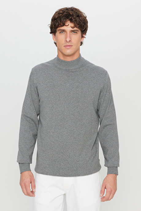 Pamuklu Standart Fit Normal Kesim Yarım Balıkçı Yaka Triko Gri Melanj Kazak resmi