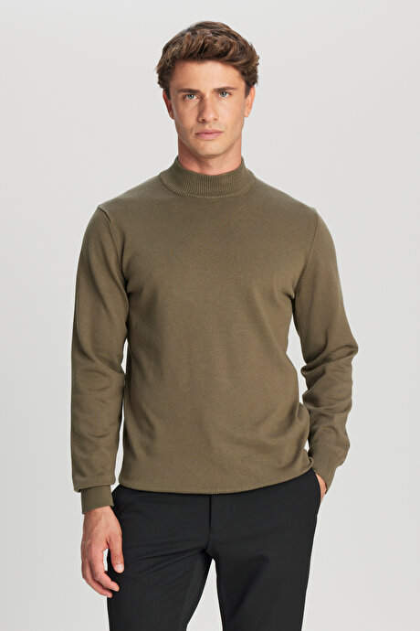 Pamuklu Standart Fit Normal Kesim Yarım Balıkçı Yaka Triko Haki Kazak resmi