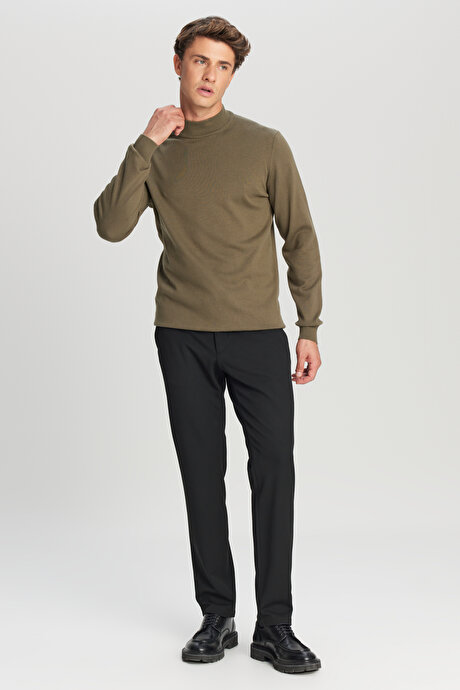 Pamuklu Standart Fit Normal Kesim Yarım Balıkçı Yaka Triko Haki Kazak resmi