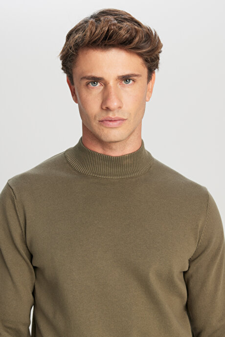 Pamuklu Standart Fit Normal Kesim Yarım Balıkçı Yaka Triko Haki Kazak resmi