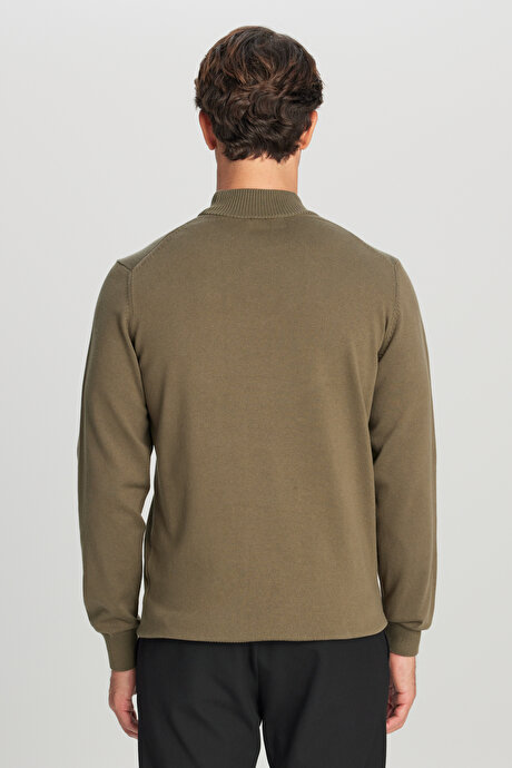 Pamuklu Standart Fit Normal Kesim Yarım Balıkçı Yaka Triko Haki Kazak resmi