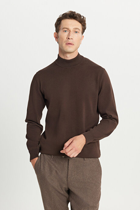 Pamuklu Standart Fit Normal Kesim Yarım Balıkçı Yaka Triko Kahverengi Kazak resmi