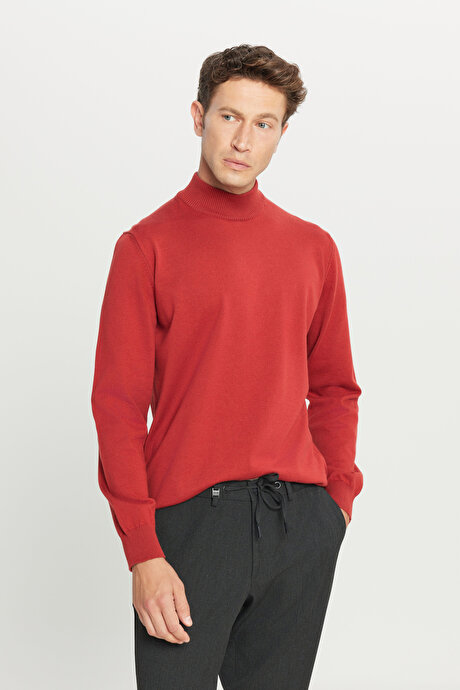 Pamuklu Standart Fit Normal Kesim Yarım Balıkçı Yaka Triko Kiremit Kazak resmi