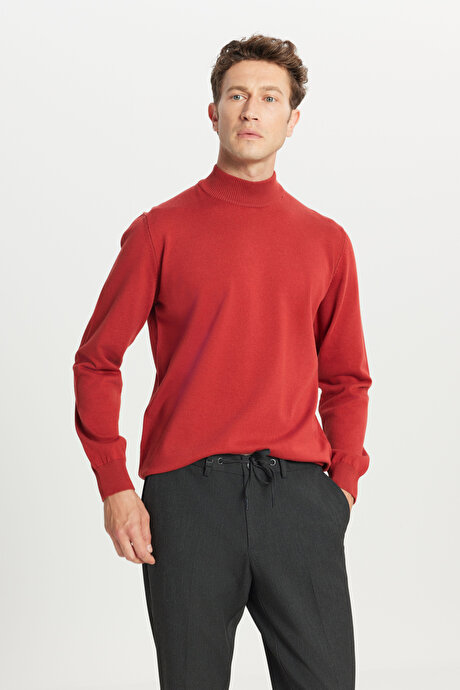 Pamuklu Standart Fit Normal Kesim Yarım Balıkçı Yaka Triko Kiremit Kazak resmi