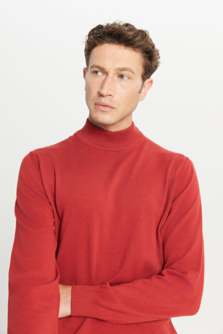 Pamuklu Standart Fit Normal Kesim Yarım Balıkçı Yaka Triko Kiremit Kazak resmi