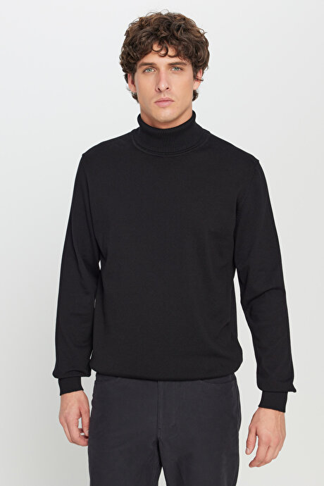 Pamuklu Standart Fit Normal Kesim Tam Balıkçı Yaka Triko Basic Siyah Kazak resmi