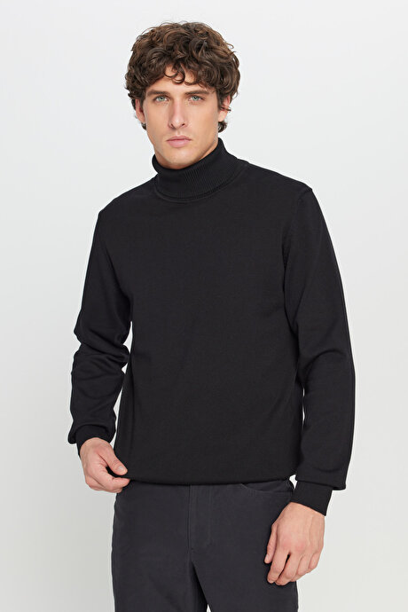 Pamuklu Standart Fit Normal Kesim Tam Balıkçı Yaka Triko Basic Siyah Kazak resmi