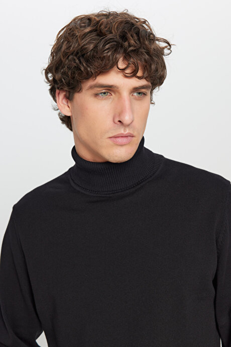 Pamuklu Standart Fit Normal Kesim Tam Balıkçı Yaka Triko Basic Siyah Kazak resmi