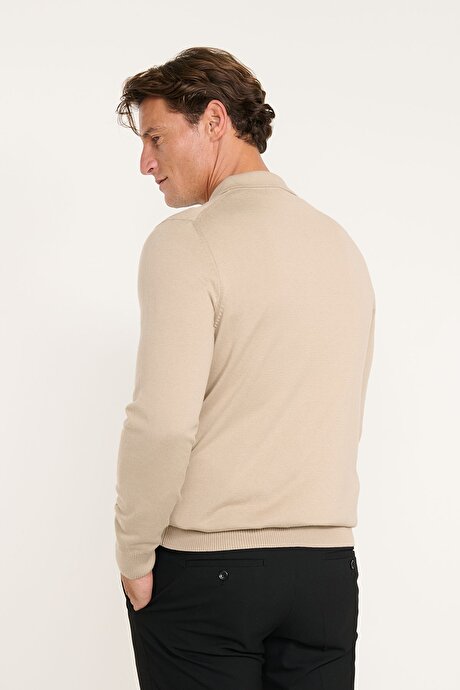 Pamuklu Standart Fit Normal Kesim Polo Yaka Triko Bej Kazak resmi