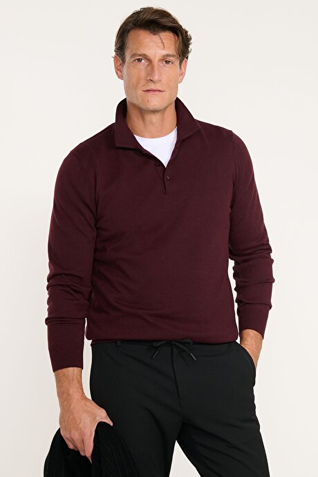 Pamuklu Standart Fit Normal Kesim Polo Yaka Triko Bordo Kazak resmi