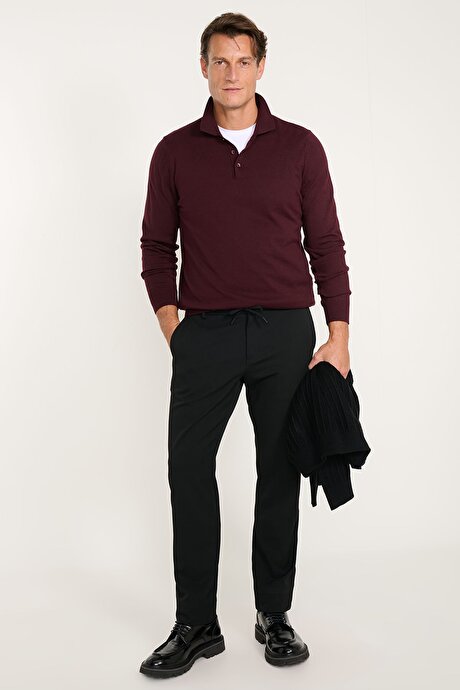 Pamuklu Standart Fit Normal Kesim Polo Yaka Triko Bordo Kazak resmi
