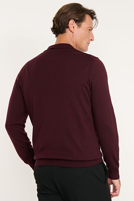 Pamuklu Standart Fit Normal Kesim Polo Yaka Triko Bordo Kazak resmi