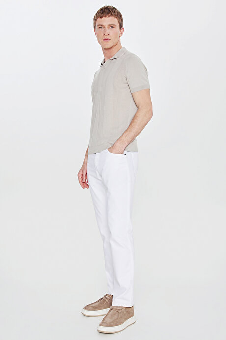 %100 Pamuk Standart Fit Normal Kesim Polo Yaka Jakarlı Triko Açık Gri Tişört resmi