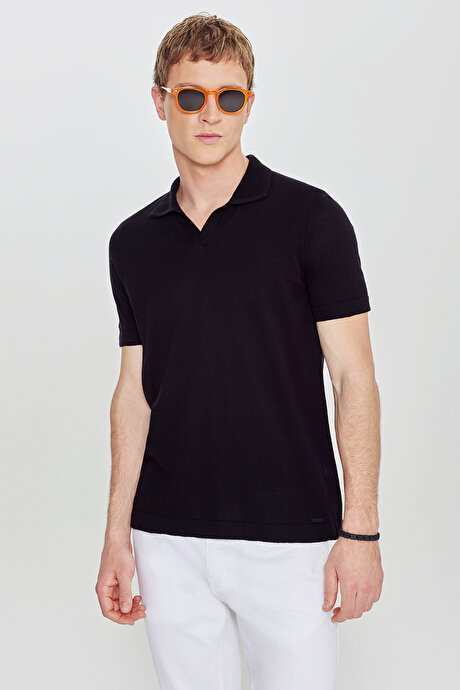 %100 Pamuk Standart Fit Normal Kesim Polo Yaka Triko Siyah Tişört resmi