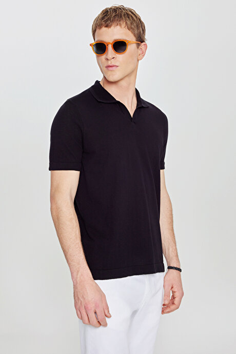 %100 Pamuk Standart Fit Normal Kesim Polo Yaka Triko Siyah Tişört resmi