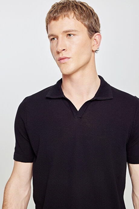 %100 Pamuk Standart Fit Normal Kesim Polo Yaka Triko Siyah Tişört resmi