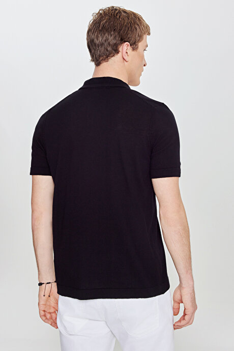 %100 Pamuk Standart Fit Normal Kesim Polo Yaka Triko Siyah Tişört resmi