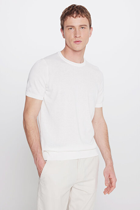 %100 Pamuk Standart Fit Normal Kesim Bisiklet Yaka Triko Ekru Tişört resmi