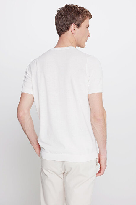 %100 Pamuk Standart Fit Normal Kesim Bisiklet Yaka Triko Ekru Tişört resmi