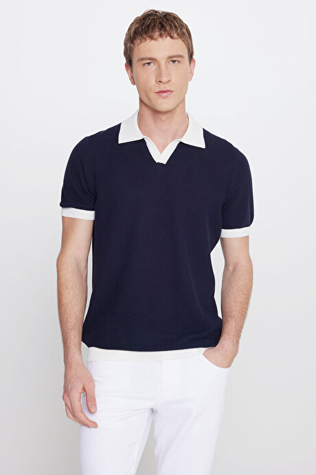 %100 Pamuk Standart Fit Normal Kesim Polo Yaka Desenli Triko Lacivert Tişört resmi