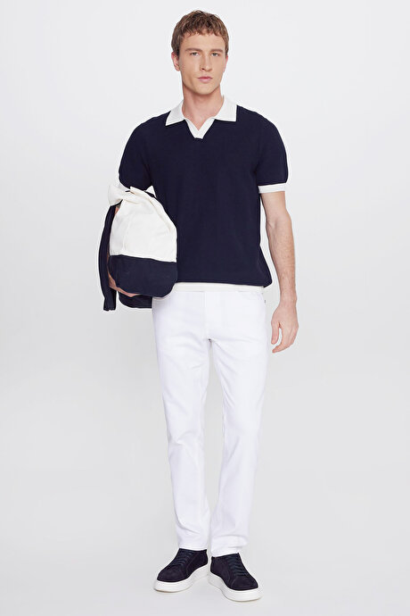 %100 Pamuk Standart Fit Normal Kesim Polo Yaka Desenli Triko Lacivert Tişört resmi