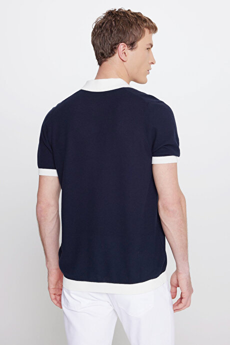 %100 Pamuk Standart Fit Normal Kesim Polo Yaka Desenli Triko Lacivert Tişört resmi