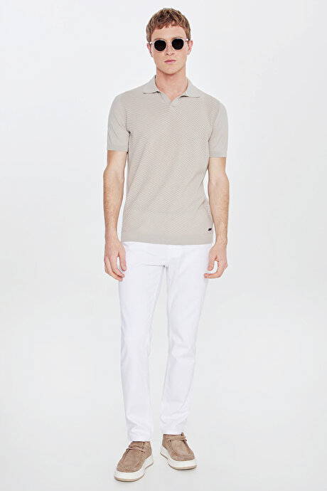 %100 Pamuk Standart Fit Normal Kesim Polo Yaka Desenli Triko Gri Tişört resmi