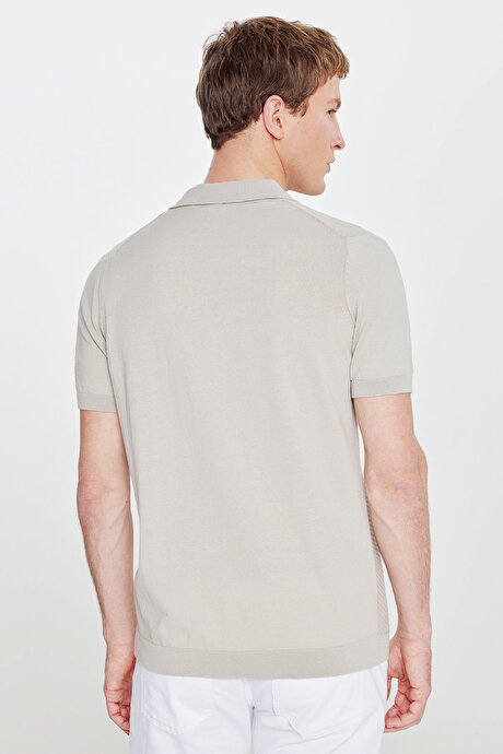 %100 Pamuk Standart Fit Normal Kesim Polo Yaka Desenli Triko Gri Tişört resmi