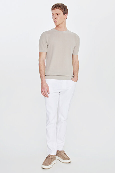 %100 Pamuk Standart Fit Normal Kesim Bisiklet Yaka Jakarlı Triko Gri Tişört resmi