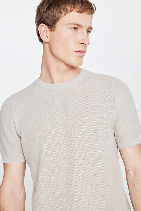 %100 Pamuk Standart Fit Normal Kesim Bisiklet Yaka Jakarlı Triko Gri Tişört resmi