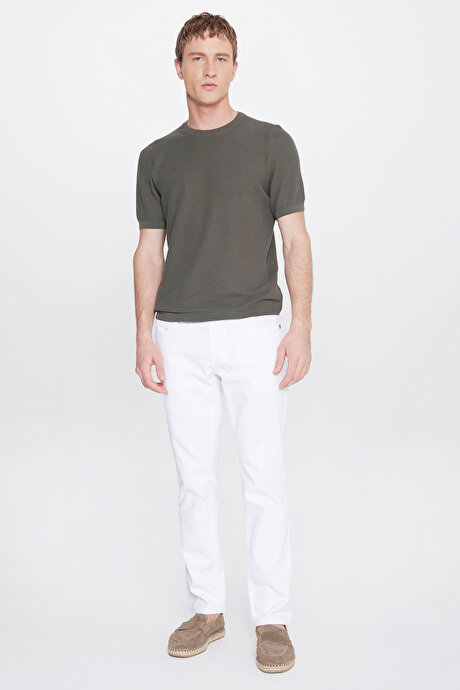 %100 Pamuk Standart Fit Bisiklet Yaka Jakarlı Triko Haki Tişört resmi