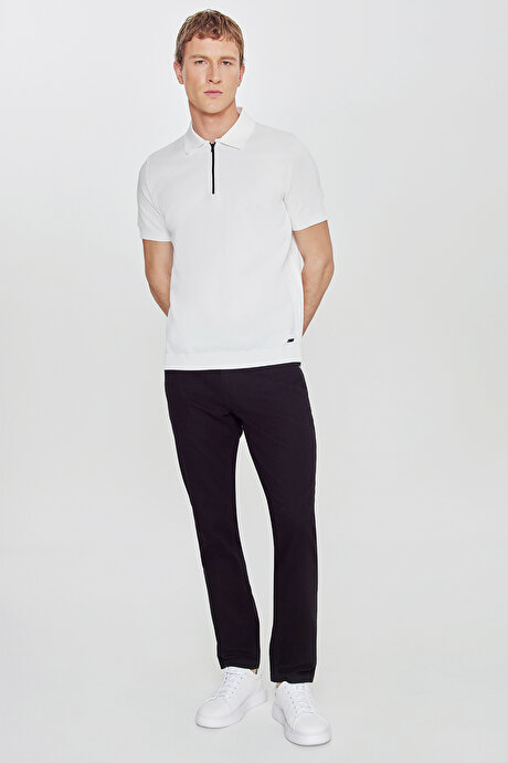 Standart Fit Normal Kesim Polo Yaka Jakarlı Triko Ekru Tişört resmi