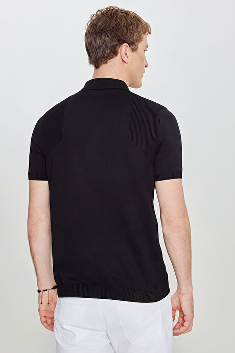 Standart Fit Normal Kesim Polo Yaka Jakarlı Triko Siyah Tişört resmi