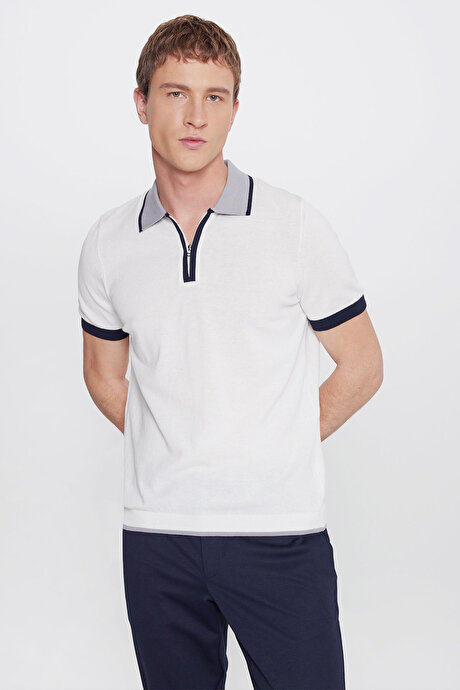 %100 Pamuk Standart Fit Normal Kesim Polo Yaka Triko Ekru Tişört resmi