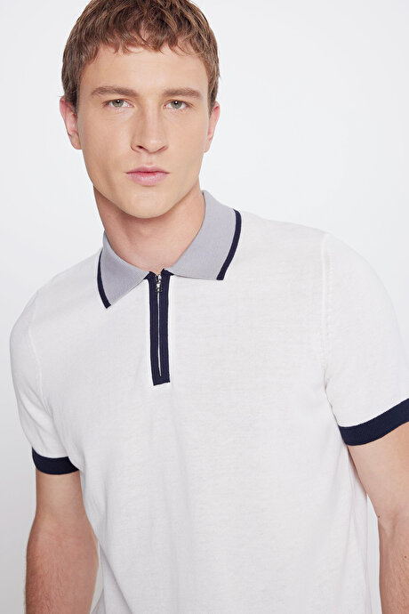 %100 Pamuk Standart Fit Normal Kesim Polo Yaka Triko Ekru Tişört resmi