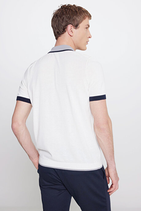 %100 Pamuk Standart Fit Normal Kesim Polo Yaka Triko Ekru Tişört resmi