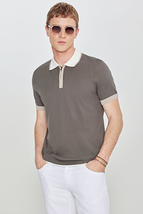 %100 Pamuk Standart Fit Normal Kesim Polo Yaka Triko Haki Tişört resmi