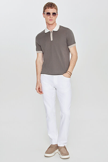 %100 Pamuk Standart Fit Normal Kesim Polo Yaka Triko Haki Tişört resmi