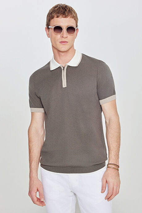 %100 Pamuk Standart Fit Normal Kesim Polo Yaka Triko Haki Tişört resmi