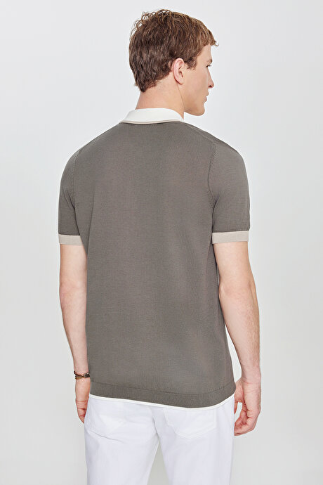 %100 Pamuk Standart Fit Normal Kesim Polo Yaka Triko Haki Tişört resmi