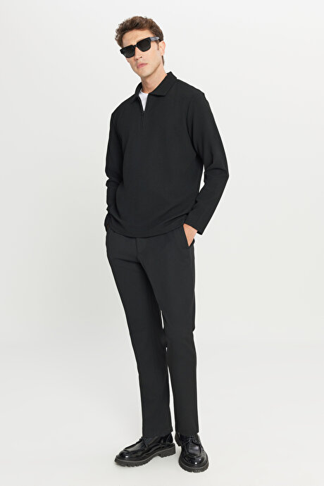 Standart Fit Normal Kesim Polo Yaka Jakarlı Esnek Uzun Kollu Siyah Uzun Kollu Tişört resmi