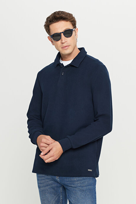 Pamuklu Slim Fit Dar Kesim Polo Yaka Uzun Kollu Lacivert Uzun Kollu Tişört resmi