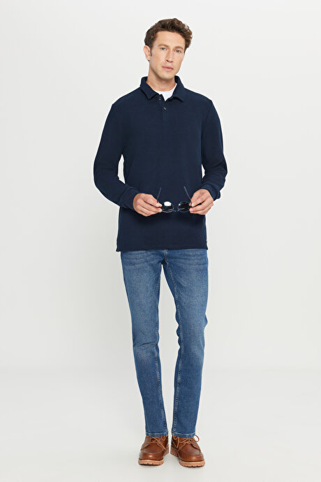 Pamuklu Slim Fit Dar Kesim Polo Yaka Uzun Kollu Lacivert Uzun Kollu Tişört resmi