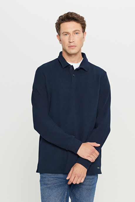 Pamuklu Slim Fit Dar Kesim Polo Yaka Uzun Kollu Lacivert Uzun Kollu Tişört resmi