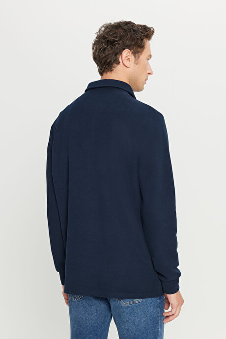 Pamuklu Slim Fit Dar Kesim Polo Yaka Uzun Kollu Lacivert Uzun Kollu Tişört resmi