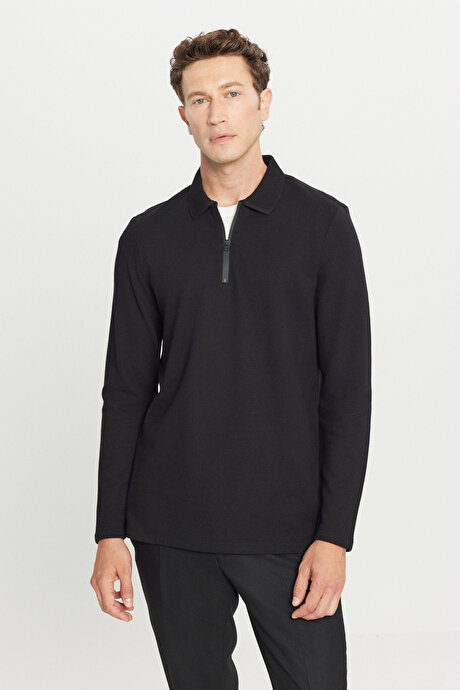 %100 Pamuk Slim Fit Dar Kesim Polo Yaka Uzun Kollu Siyah Uzun Kollu Tişört resmi