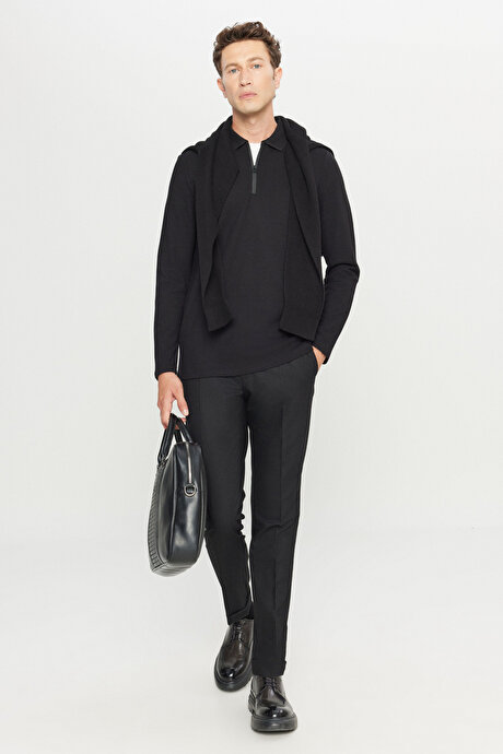 %100 Pamuk Slim Fit Dar Kesim Polo Yaka Uzun Kollu Siyah Uzun Kollu Tişört resmi