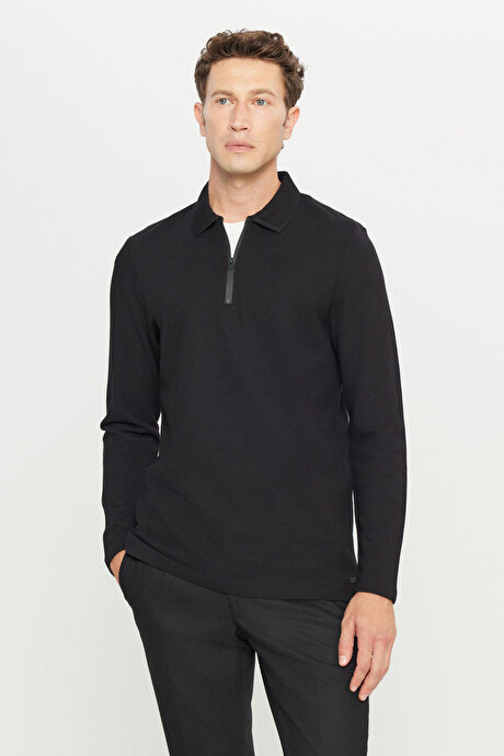 %100 Pamuk Slim Fit Dar Kesim Polo Yaka Uzun Kollu Siyah Uzun Kollu Tişört resmi